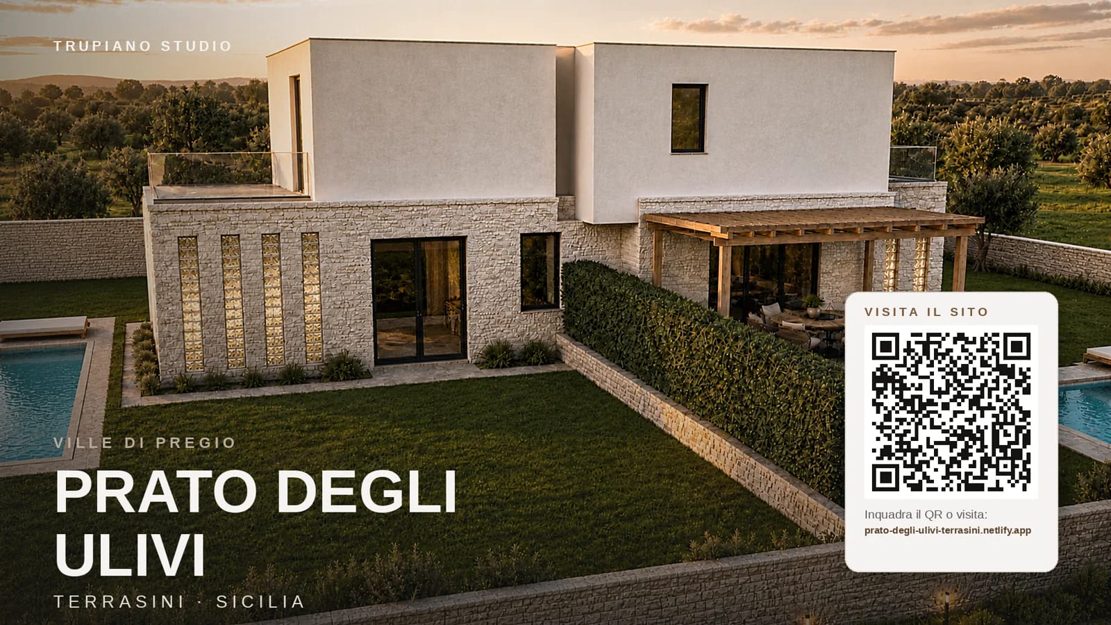 Dettaglio della grafica per l'annuncio di Prato degli Ulivi con QR code verso il sito