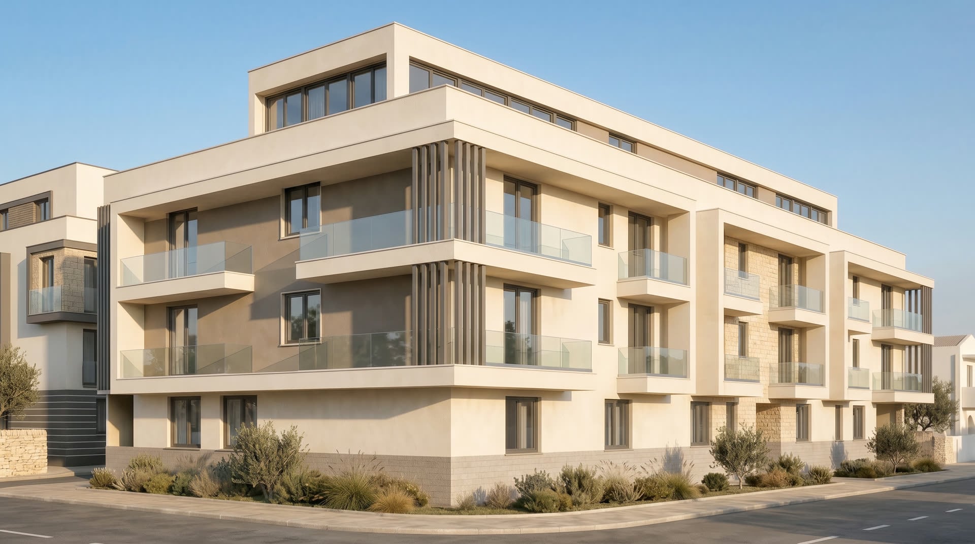 Evola: esterno del complesso residenziale, render