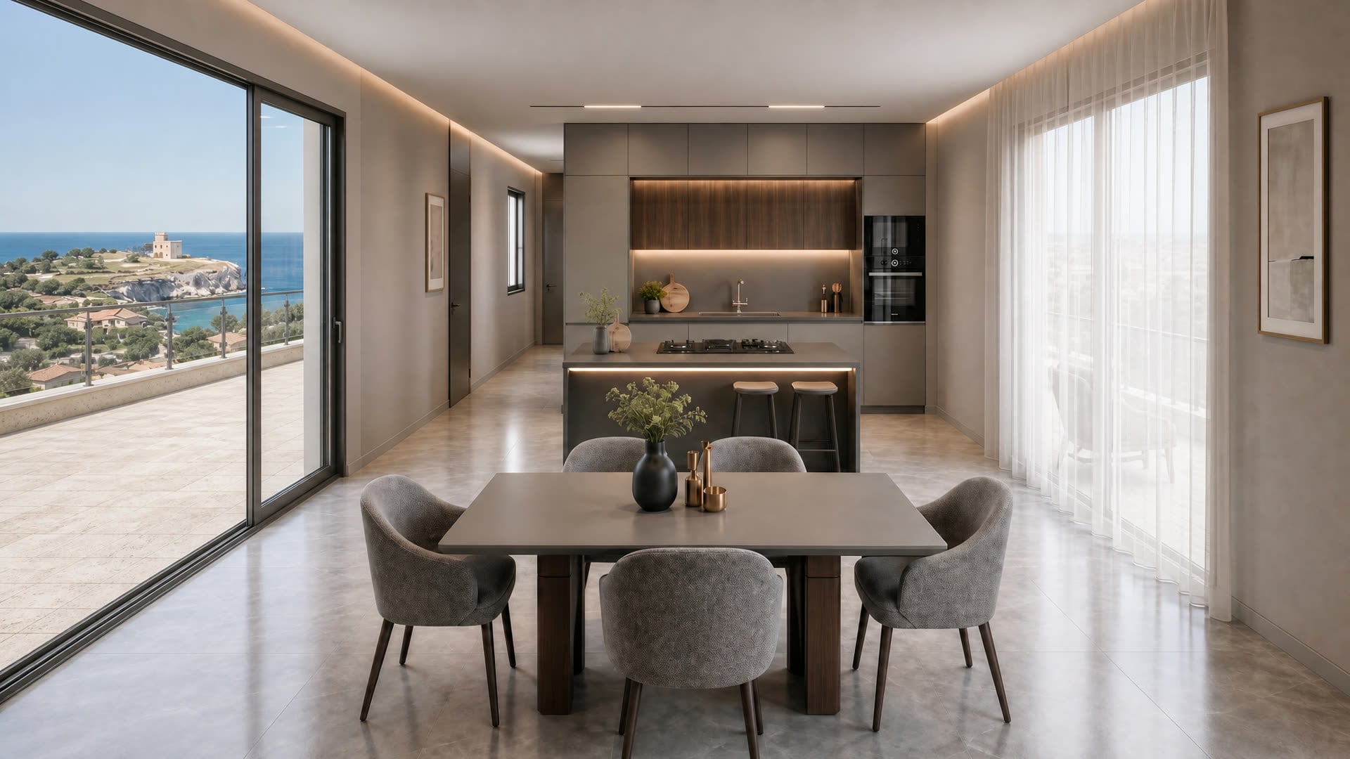 Render del living dell'attico del Complesso Evola con vetrate e vista mare