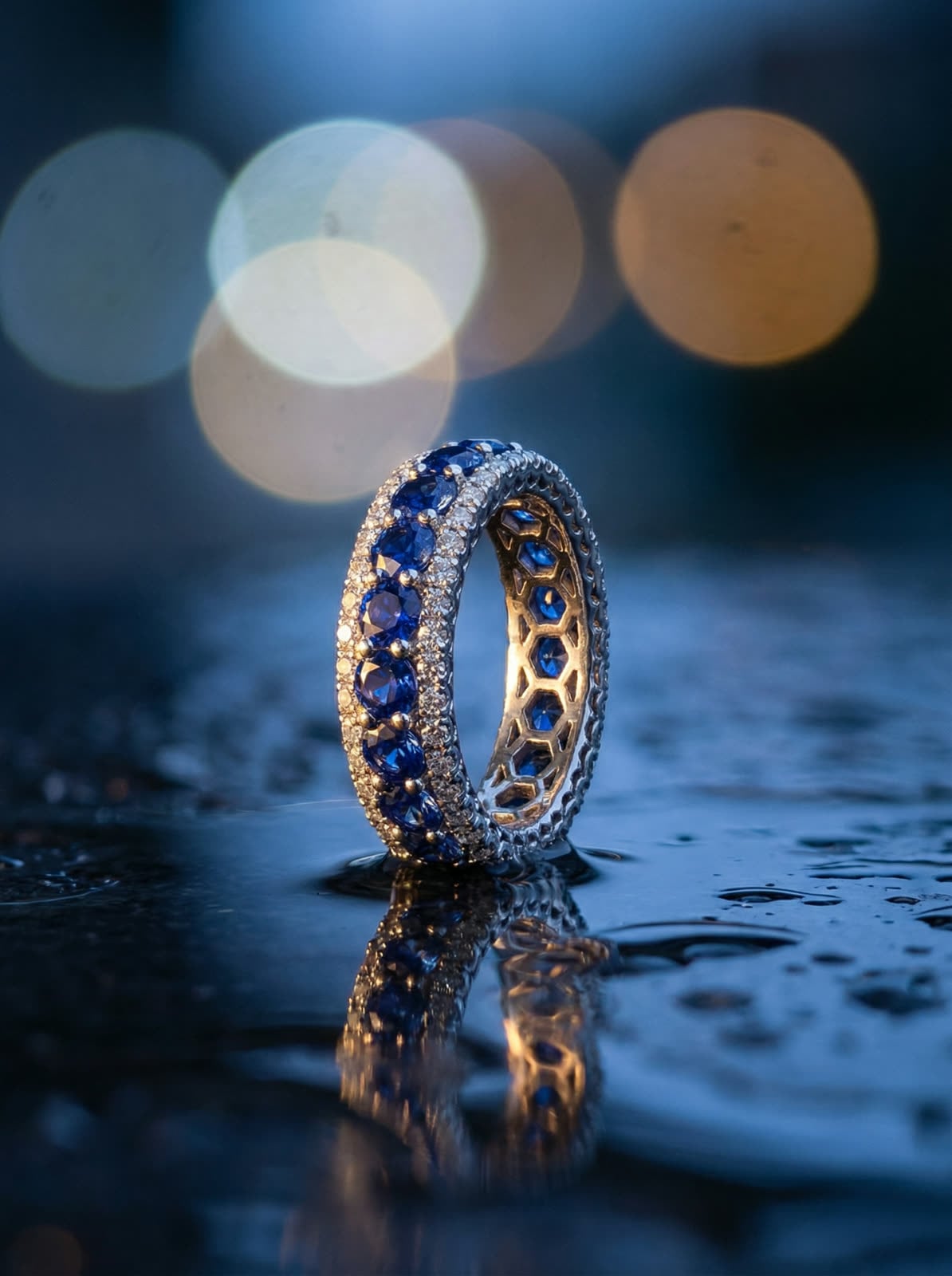Anello su superficie bagnata, bokeh notturno blu
