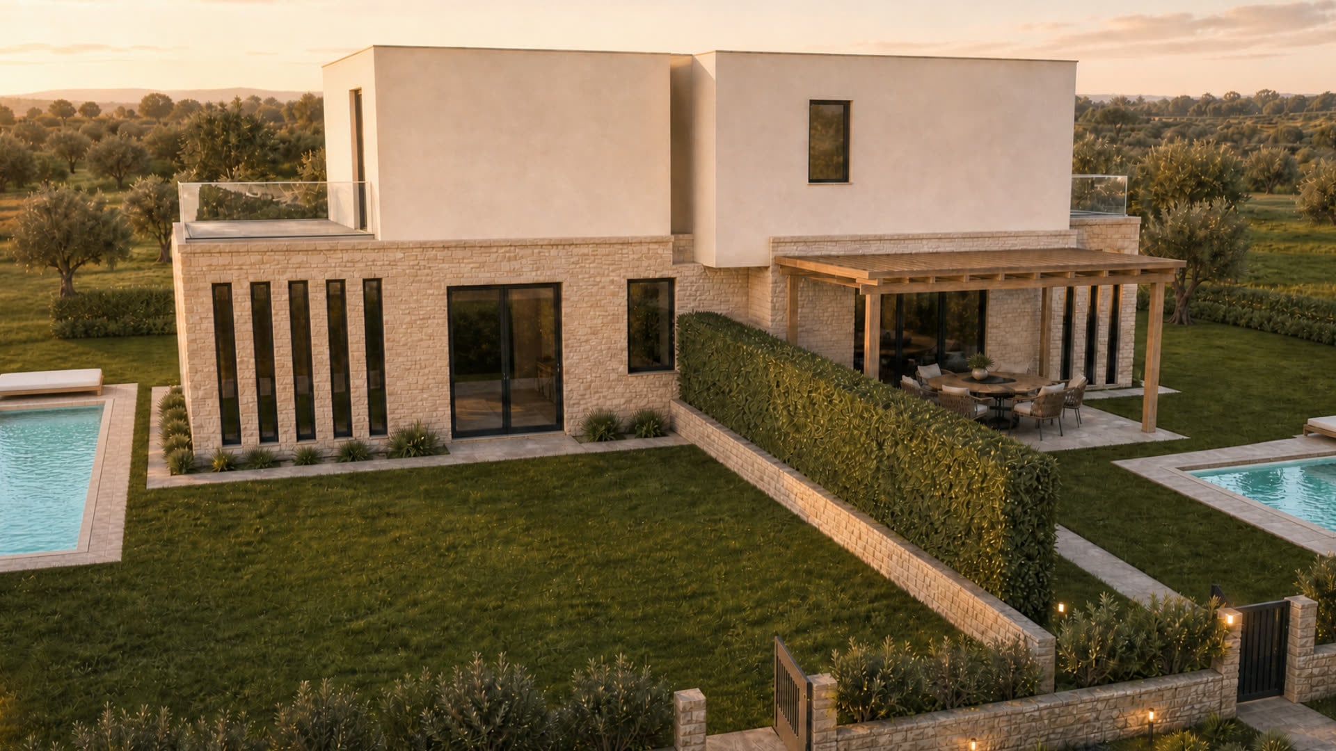Render della vista aerea del complesso residenziale Prato degli Ulivi