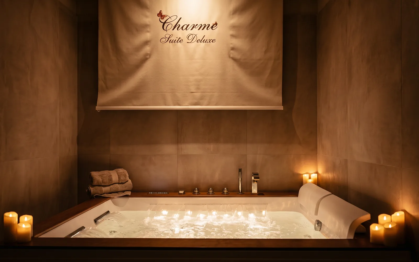 Stessa vasca con candele accese e luce calda, dopo