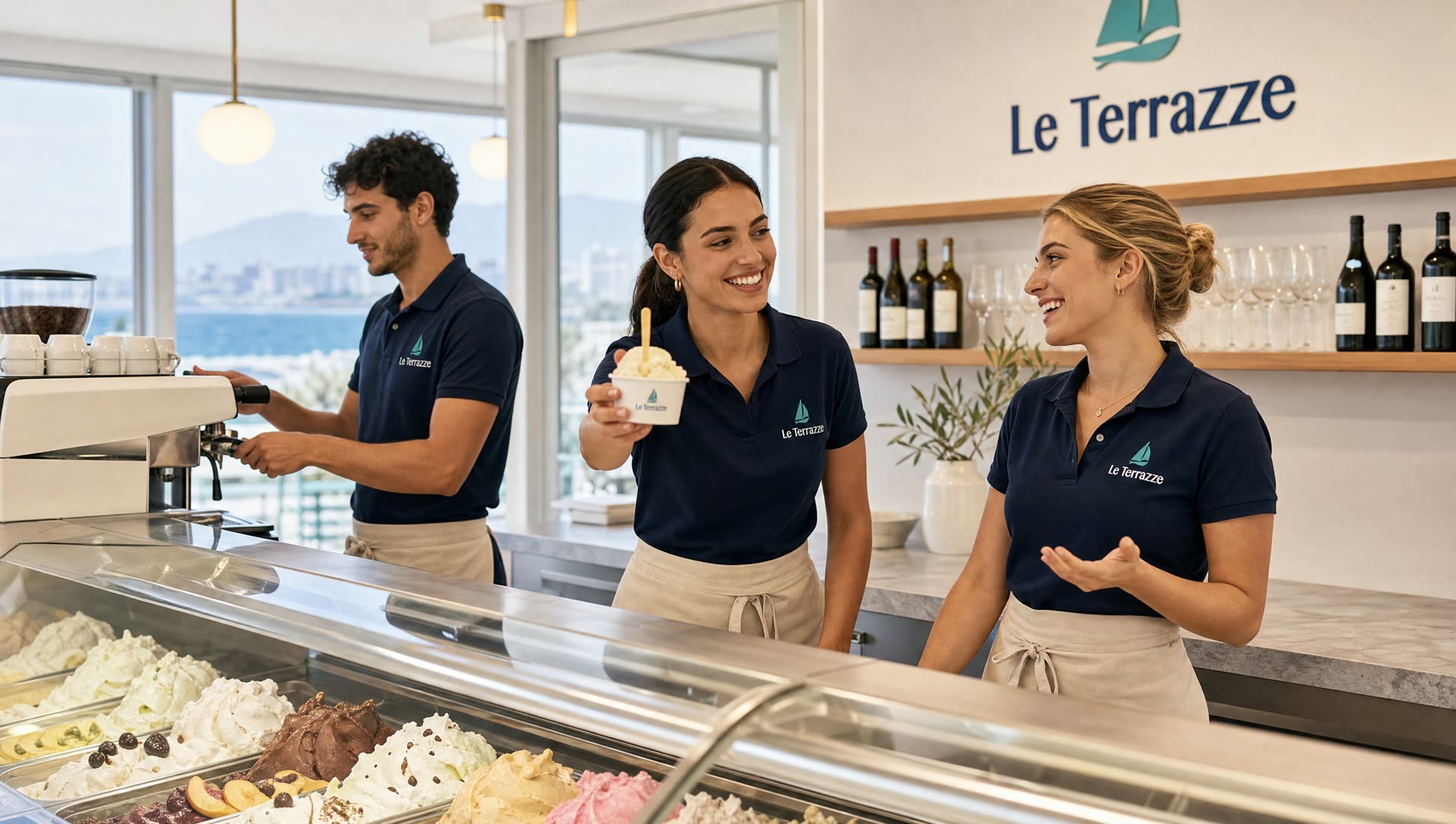 Interno caffetteria Le Terrazze: rendering scena colazione