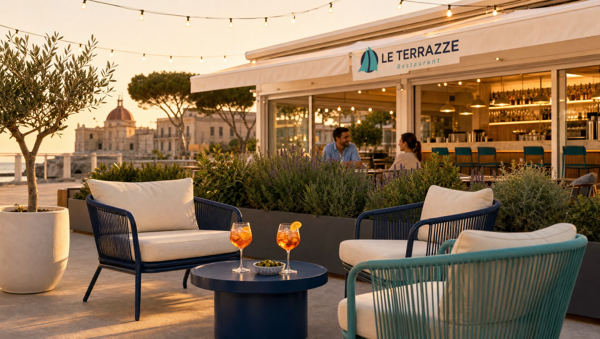 Esterno del locale a pranzo, rendering