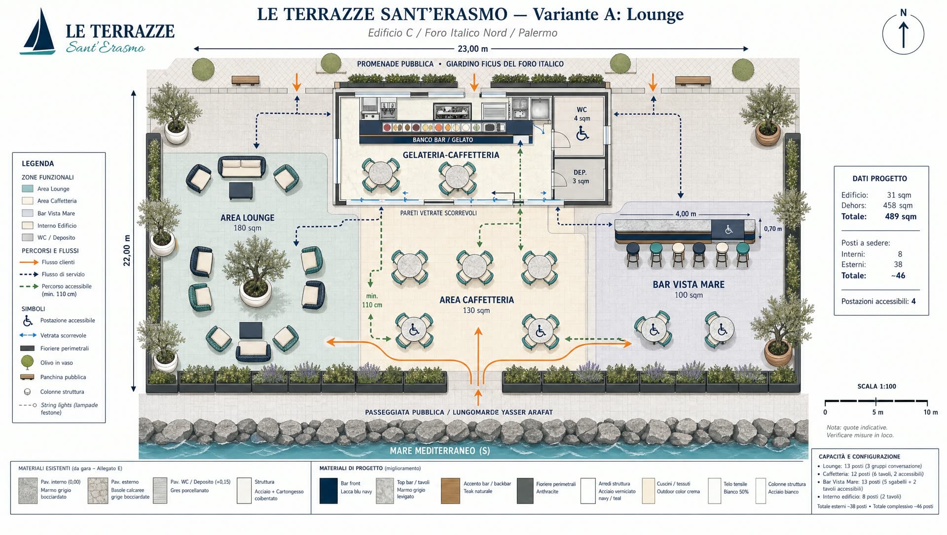 Planimetria di progetto de Le Terrazze al molo Sant'Erasmo, suddivisa in zone