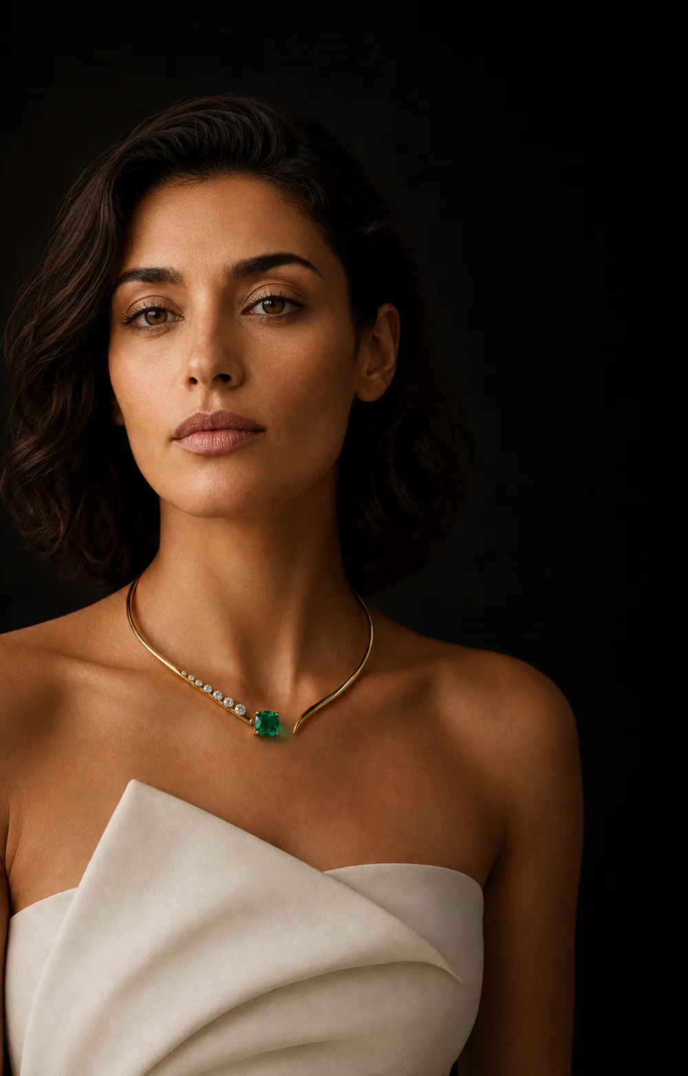 Ritratto editoriale di una donna che indossa una collana con smeraldo