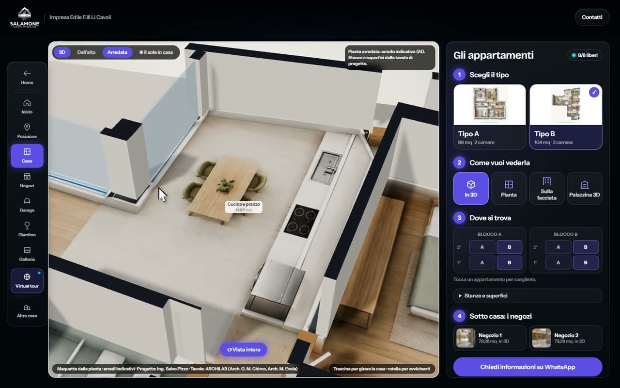 The 3D model of an apartment of the Palazzine via Verga, with room names and floor areas