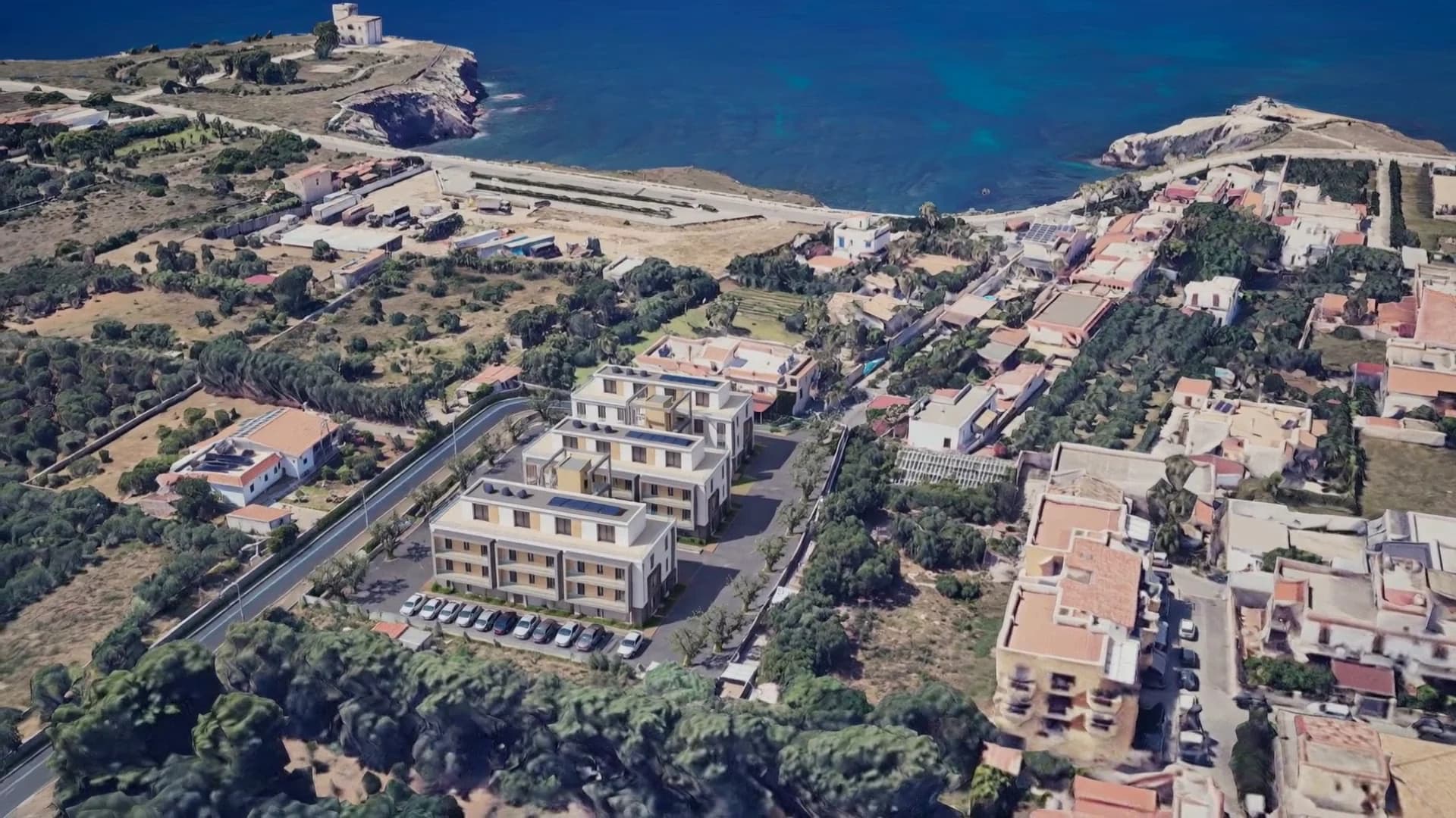 La Residenza via Frank Zappa vista dal drone, con il mare di Terrasini