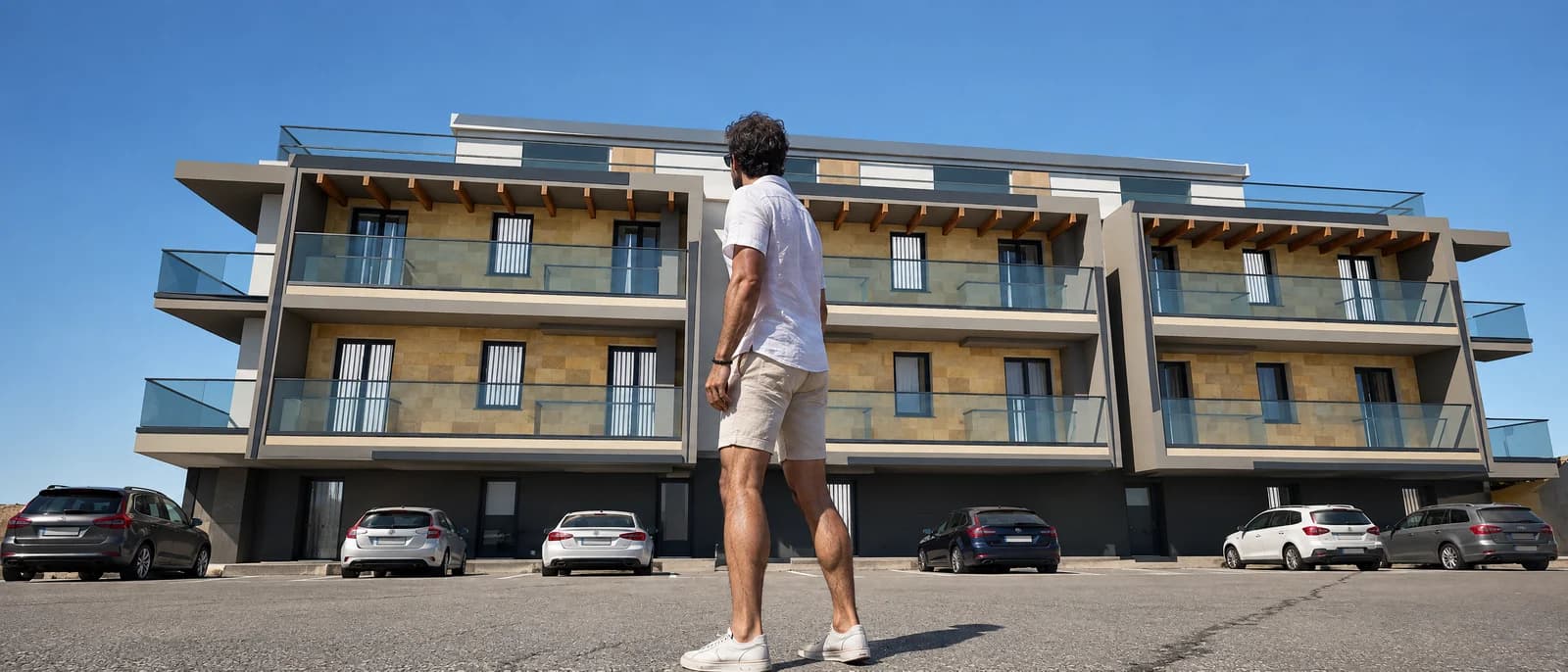 Facciata della Residenza via Frank Zappa a Terrasini con logge in pietra e balconi in vetro