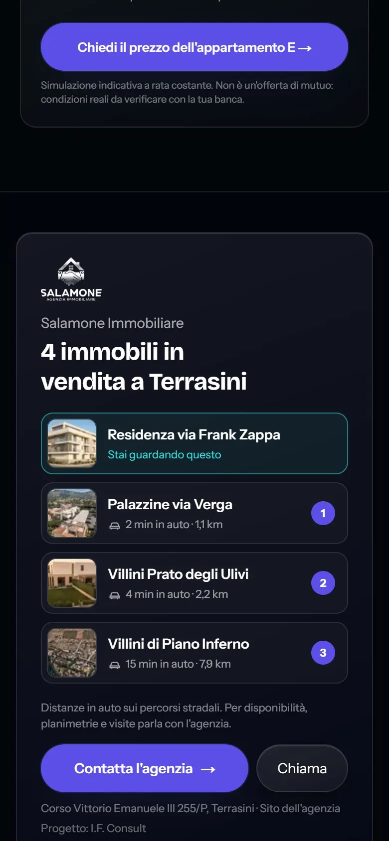 La pagina da telefono: la mappa con gli immobili dell'agenzia