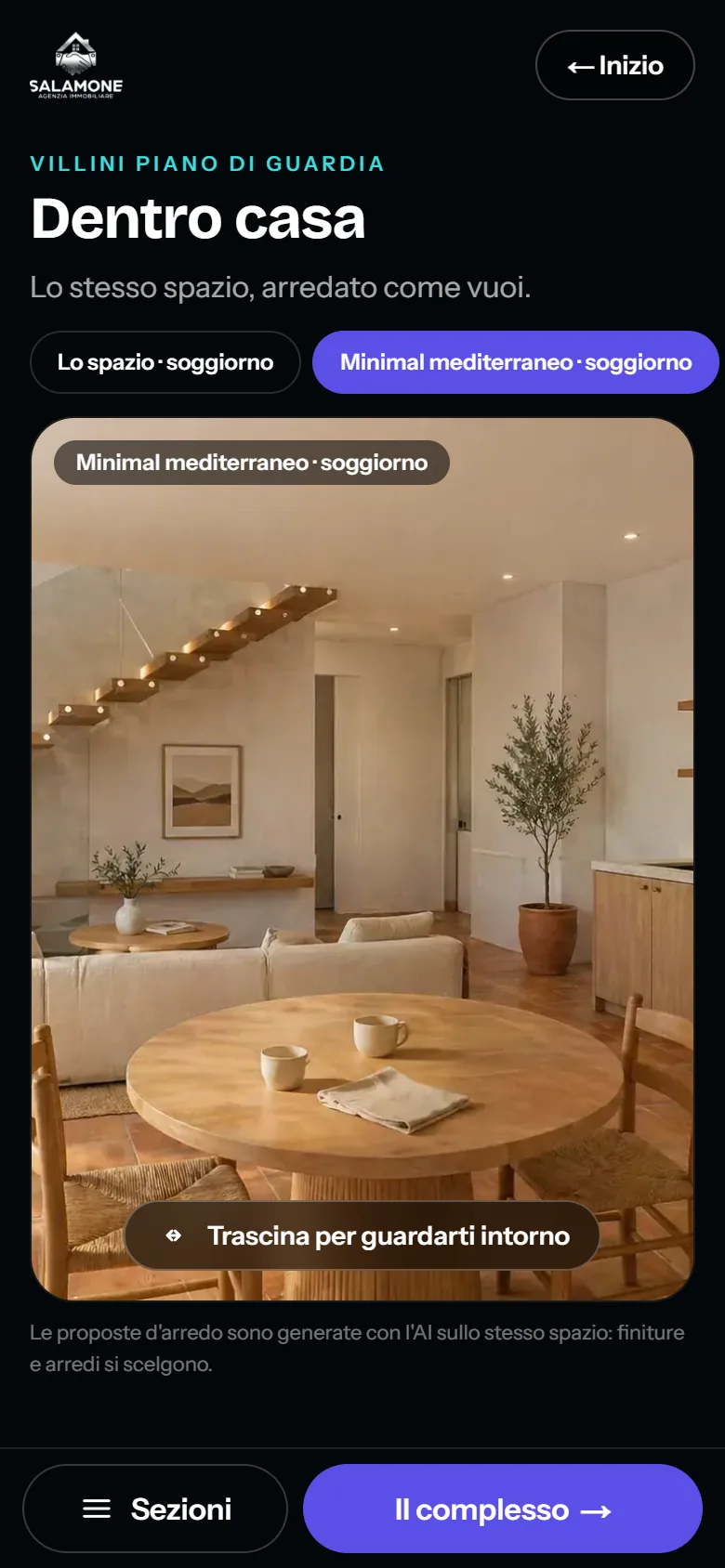 La pagina da telefono: dentro casa, lo stesso soggiorno in stile minimal mediterraneo