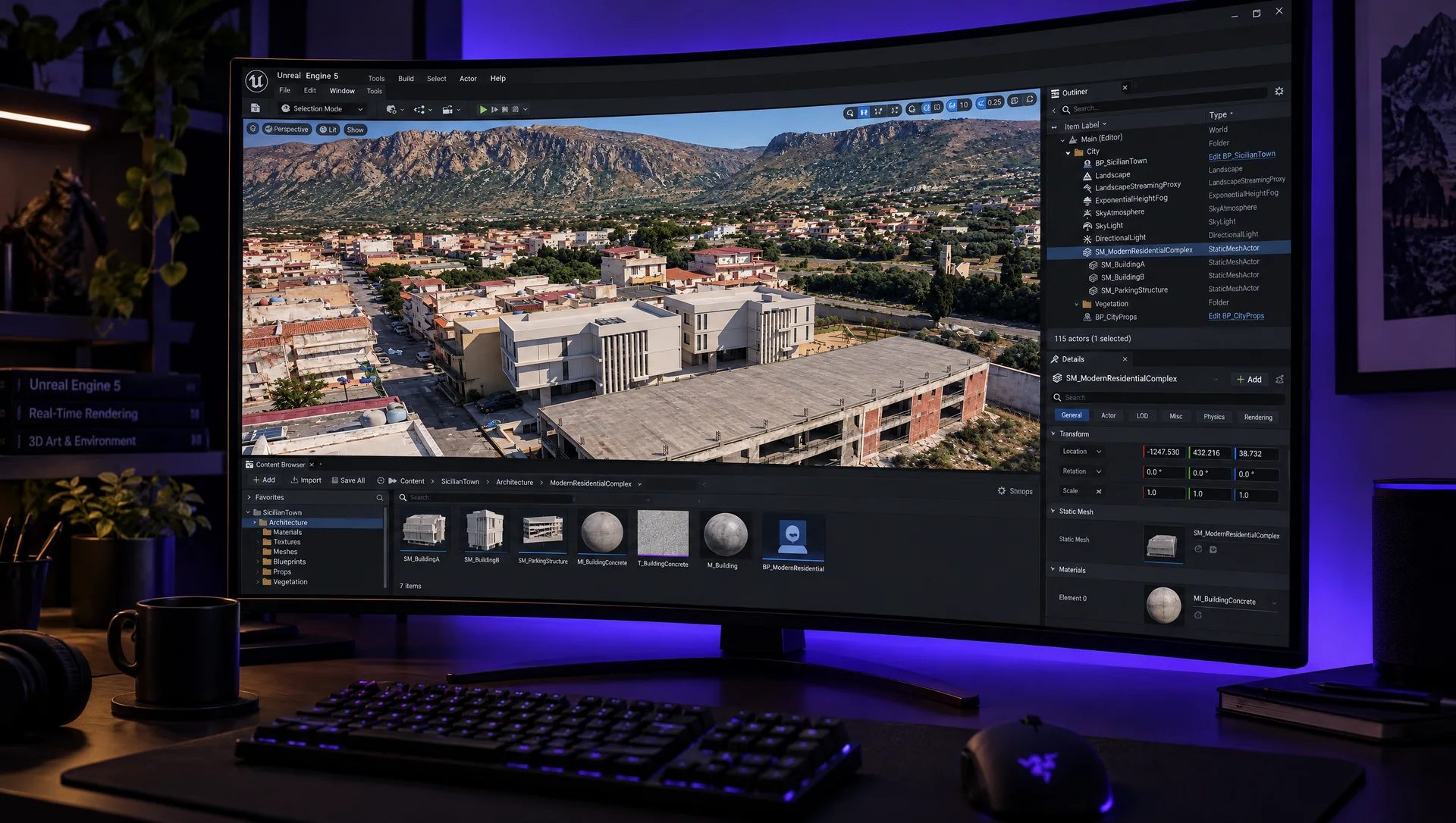 Unreal Engine su un monitor con il render aereo delle Palazzine via Verga