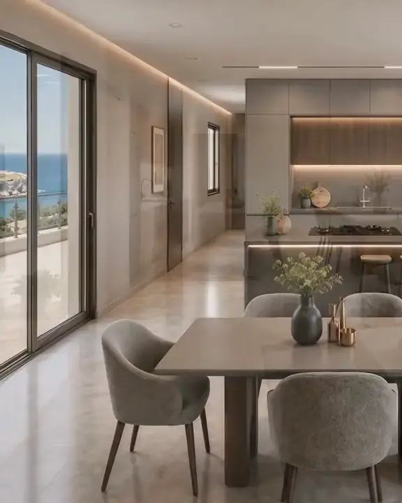 Residenza via Frank Zappa: cucina e pranzo con la vetrata sul mare