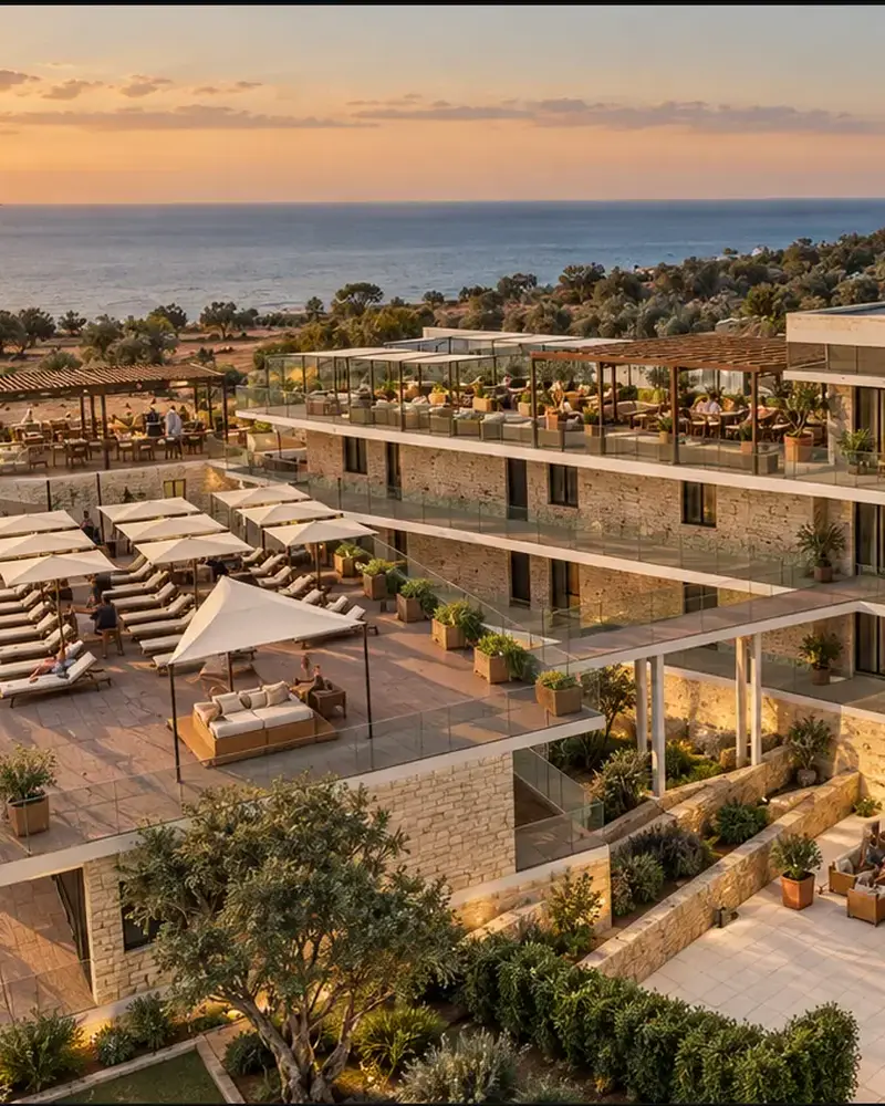 Complesso Perla del Golfo: vista dall'alto al tramonto, terrazze e piscina verso il mare